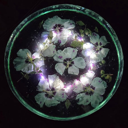 1251. 14" Round Resin Table with Lights - Rose of Sharon